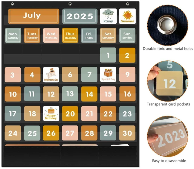 Alt view image 4 of 7 - Boho 46+3 Pockets Calendar Pocket Chart with 92 Cards for Classroom,Large Size: 28.75 x 24 inch Black Monthly Calendar and Weather Pocket Chart for Students Learning for Home or School