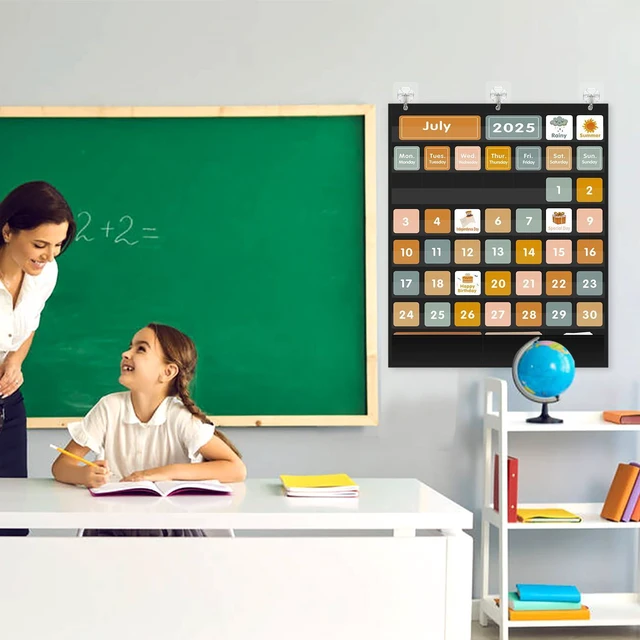 Alt view image 6 of 7 - Boho 46+3 Pockets Calendar Pocket Chart with 92 Cards for Classroom,Large Size: 28.75 x 24 inch Black Monthly Calendar and Weather Pocket Chart for Students Learning for Home or School