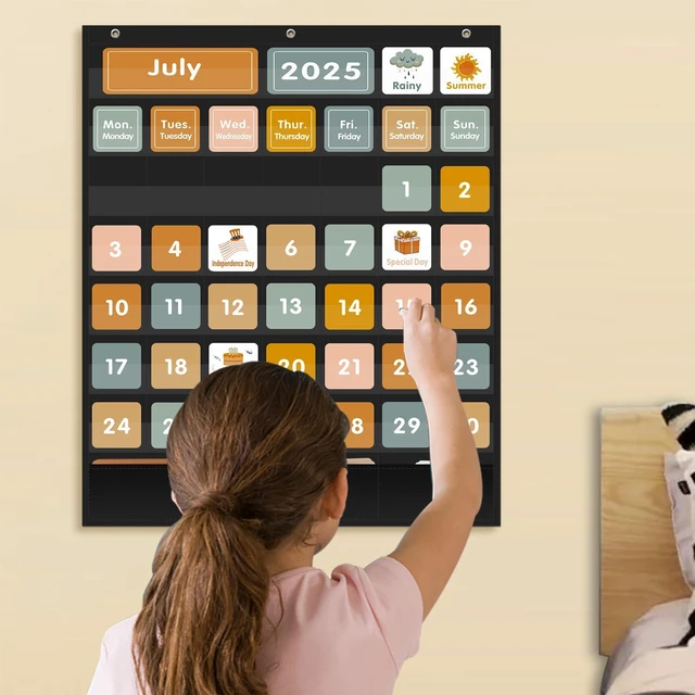 Alt view image 7 of 7 - Boho 46+3 Pockets Calendar Pocket Chart with 92 Cards for Classroom,Large Size: 28.75 x 24 inch Black Monthly Calendar and Weather Pocket Chart for Students Learning for Home or School