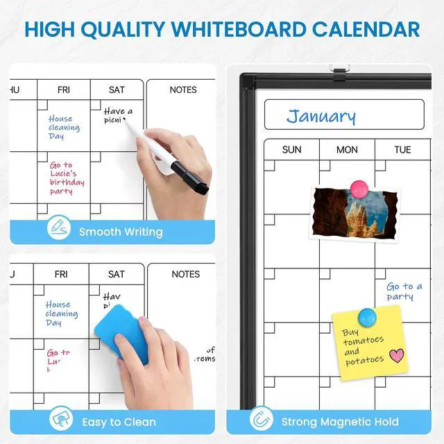 Alt view image 4 of 7 - Whiteboard Calendar 36x24 Magnetic Dry Erase Board for Wall, Black Monthly Magnetic Calendar, 11-Layer, Wall Mount Hanging, Office Home School, Easy Clean Aluminum Frame, Full Accessories