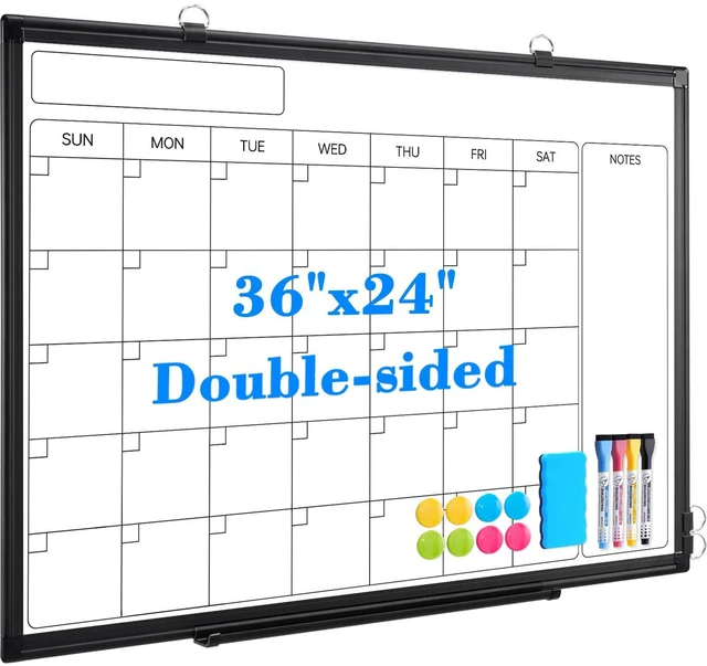 Main image of Whiteboard Calendar 36x24 Magnetic Dry Erase Board for Wall, Black Monthly Magnetic Calendar, 11-Layer, Wall Mount Hanging, Office Home School, Easy Clean Aluminum Frame, Full Accessories