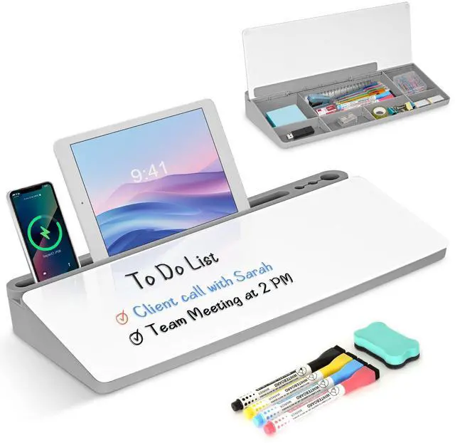 Main image of Desktop Glass Whiteboard with Storage, Desk Dry Erase White Board Gray Computer Keyboard Stand, Office Desk Organizers and Accessories with Drawer, To Do Memo Notepad, Home School Supplies