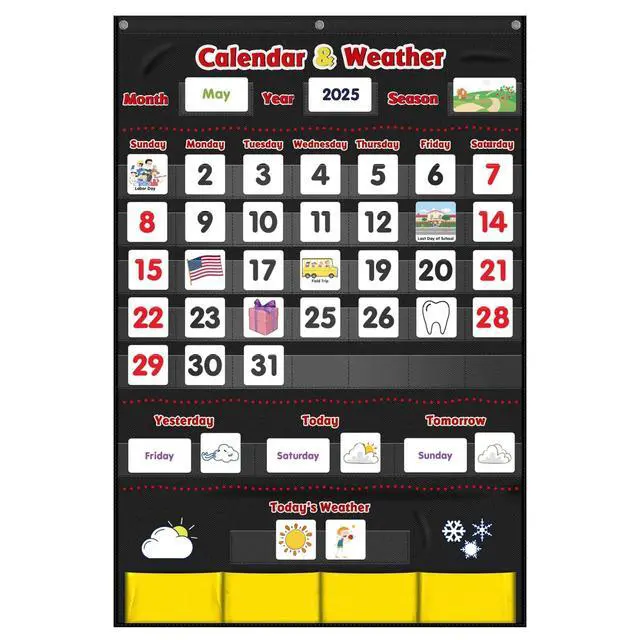 Main image of Calendar and Weather Pocket Chart, Classroom Organized Chart, 149 Pieces (Black)