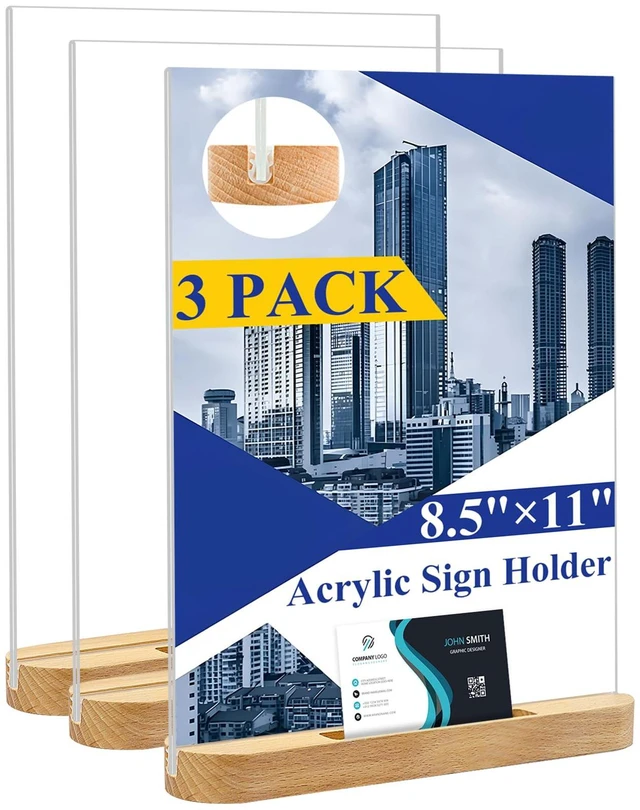 Main image of 8.5 x 11 Acrylic Sign Holder Plastic Signs Display Holder T-Shape Double Sided Clear Flyer Stand Frames Wood Base with Business Card Holder Suitable for Menu Office Events Meeting,3 Pack