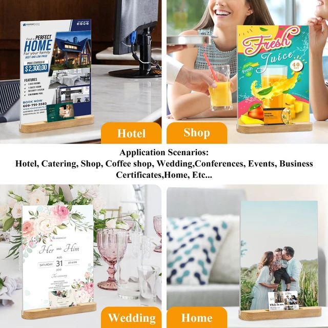 Alt view image 5 of 6 - 8.5 x 11 Acrylic Sign Holder Plastic Signs Display Holder T-Shape Double Sided Clear Flyer Stand Frames Wood Base with Business Card Holder Suitable for Menu Office Events Meeting,3 Pack