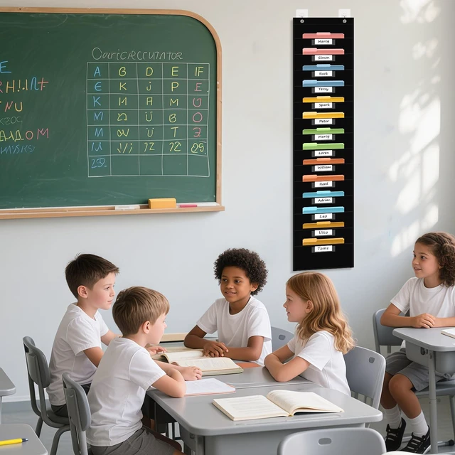 Alt view image 2 of 7 - 14 Pocket Hanging File Organizer with 14 Nametag Pockets. Black File Storage Pocket Chart for Classroom or Office Use. Perfectly Organizes Assignments, Files, Scrapbooks, and Documents