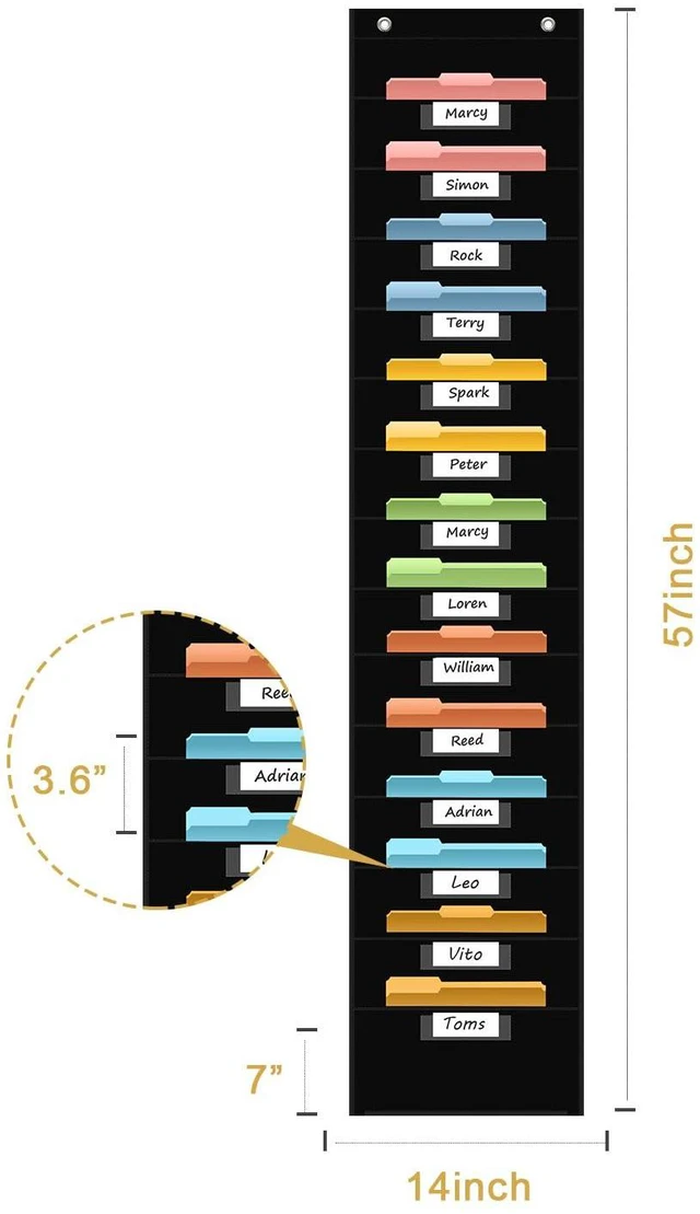 Alt view image 3 of 7 - 14 Pocket Hanging File Organizer with 14 Nametag Pockets. Black File Storage Pocket Chart for Classroom or Office Use. Perfectly Organizes Assignments, Files, Scrapbooks, and Documents