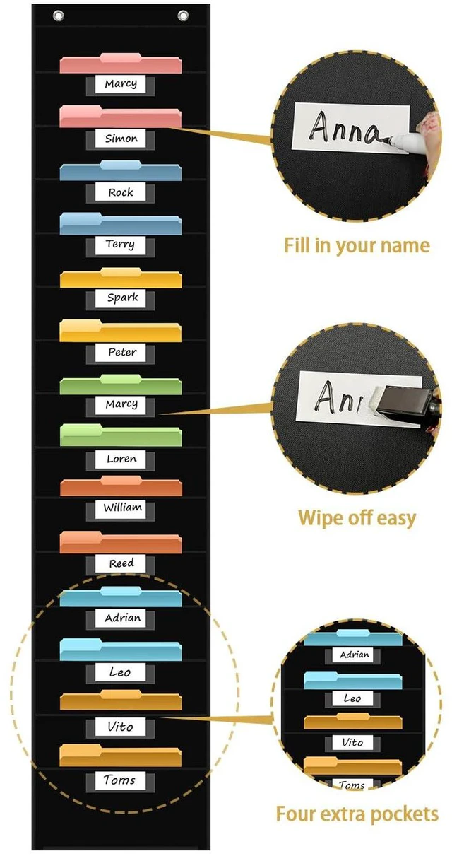 Alt view image 4 of 7 - 14 Pocket Hanging File Organizer with 14 Nametag Pockets. Black File Storage Pocket Chart for Classroom or Office Use. Perfectly Organizes Assignments, Files, Scrapbooks, and Documents