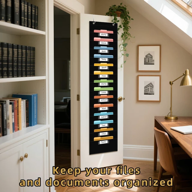 Alt view image 7 of 7 - 14 Pocket Hanging File Organizer with 14 Nametag Pockets. Black File Storage Pocket Chart for Classroom or Office Use. Perfectly Organizes Assignments, Files, Scrapbooks, and Documents