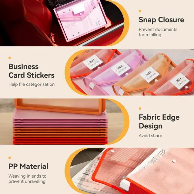 Alt view image 4 of 6 - 6-Pack Plastic File Folders, Warm Pink fit Letter/A4 Size, Large Capacity with Snap Closure, Colorful File Folder Organizer for School, Office, Home, Hospital