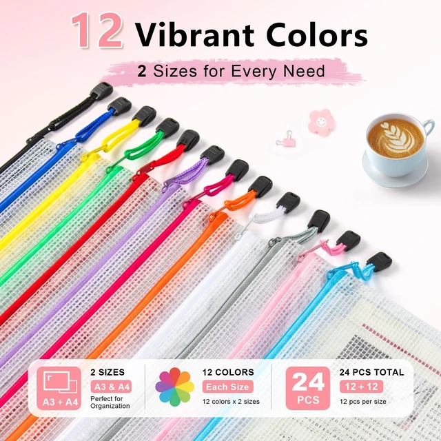 Alt view image 2 of 7 - A3 A4 Mesh Zipper Storage Bags, 24 Pack 12 Colors Organizer Pouches 12pcs A3 & 12pcs A4 Bags, Large Sizes Store Artwork, Puzzles and Papers, While Labels Keep Items Sorted and Easy to Find