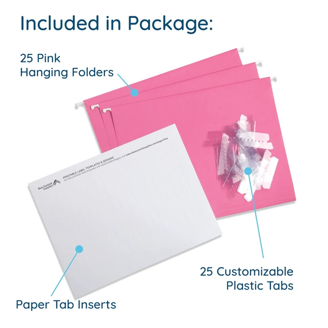 Alt view image 2 of 7 - 25 Hanging File Folders, Letter Size, Pink Reinforced 12pt, 1/5 Cut Tabs, Plastic Tabs and Inserts Included, for Filing Cabinet, Home, and Office Use