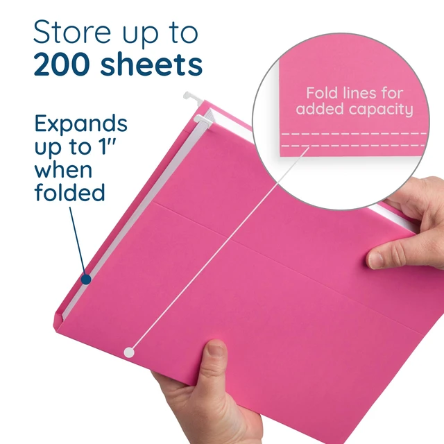 Alt view image 3 of 7 - 25 Hanging File Folders, Letter Size, Pink Reinforced 12pt, 1/5 Cut Tabs, Plastic Tabs and Inserts Included, for Filing Cabinet, Home, and Office Use
