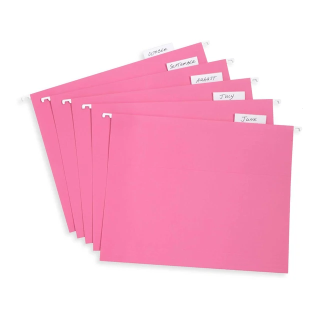 Alt view image 6 of 7 - 25 Hanging File Folders, Letter Size, Pink Reinforced 12pt, 1/5 Cut Tabs, Plastic Tabs and Inserts Included, for Filing Cabinet, Home, and Office Use