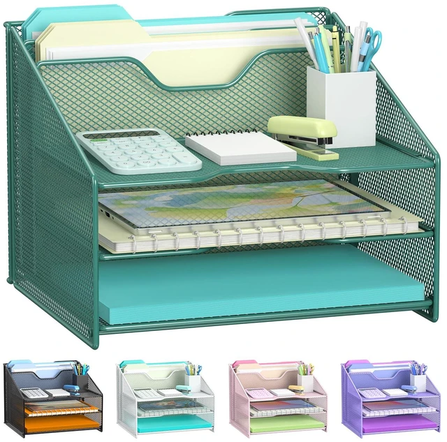 Main image of Green Desk File Organizer, Mesh Letter File Folder Holder with 3 Paper Trays and 2 Vertical Upright Section, for Office Supplies, Desk Accessories & Workspace, Green