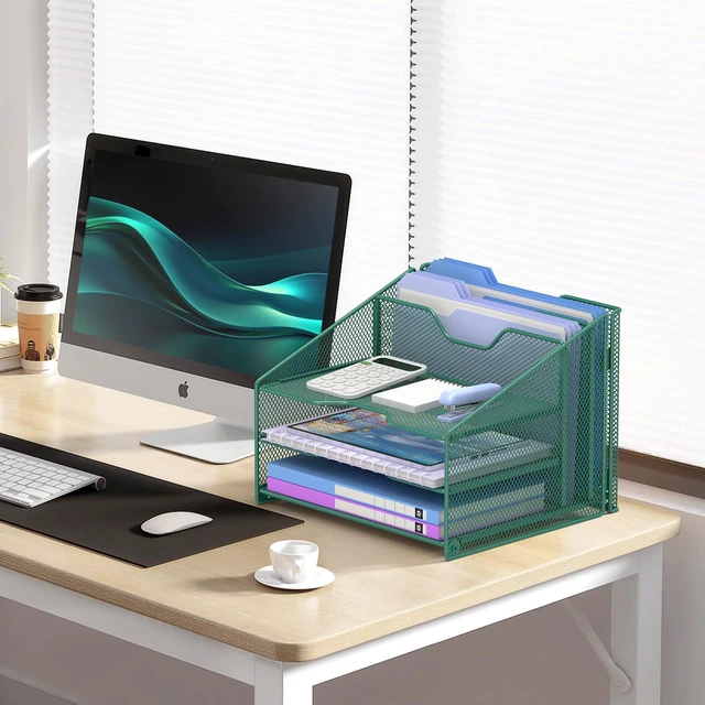 Alt view image 2 of 6 - Green Desk File Organizer, Mesh Letter File Folder Holder with 3 Paper Trays and 2 Vertical Upright Section, for Office Supplies, Desk Accessories & Workspace, Green