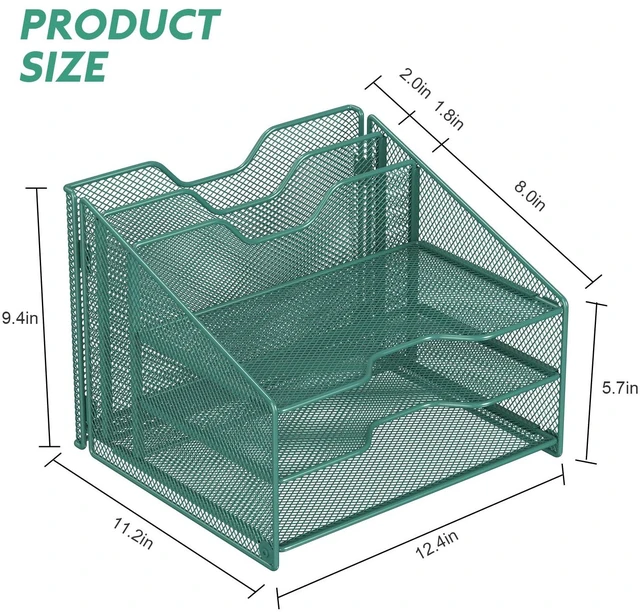Alt view image 3 of 6 - Green Desk File Organizer, Mesh Letter File Folder Holder with 3 Paper Trays and 2 Vertical Upright Section, for Office Supplies, Desk Accessories & Workspace, Green
