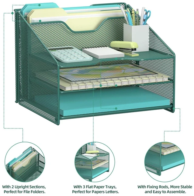 Alt view image 5 of 6 - Green Desk File Organizer, Mesh Letter File Folder Holder with 3 Paper Trays and 2 Vertical Upright Section, for Office Supplies, Desk Accessories & Workspace, Green