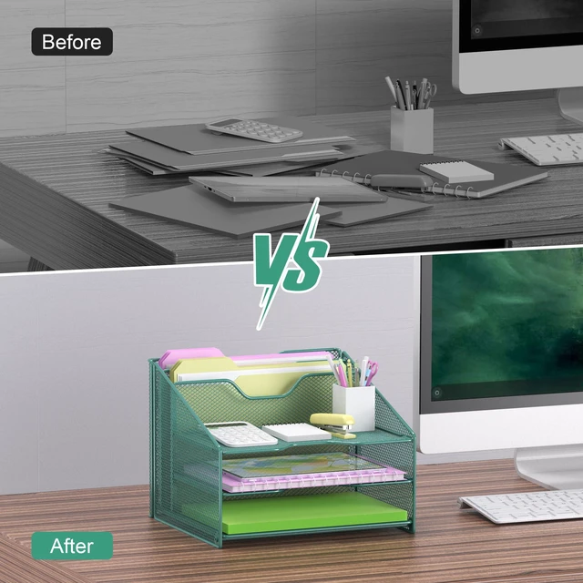 Alt view image 6 of 6 - Green Desk File Organizer, Mesh Letter File Folder Holder with 3 Paper Trays and 2 Vertical Upright Section, for Office Supplies, Desk Accessories & Workspace, Green