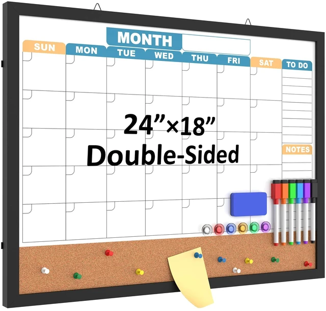 Main image of Monthly Calendar Dry Erase Board 24x18 Inch, Double-Sided Whiteboard and Corkboard Combo with Black MDF Frame (Color Calendar), Wall Mounted Planner with Marker, Magnet, Push Pin, Eraser
