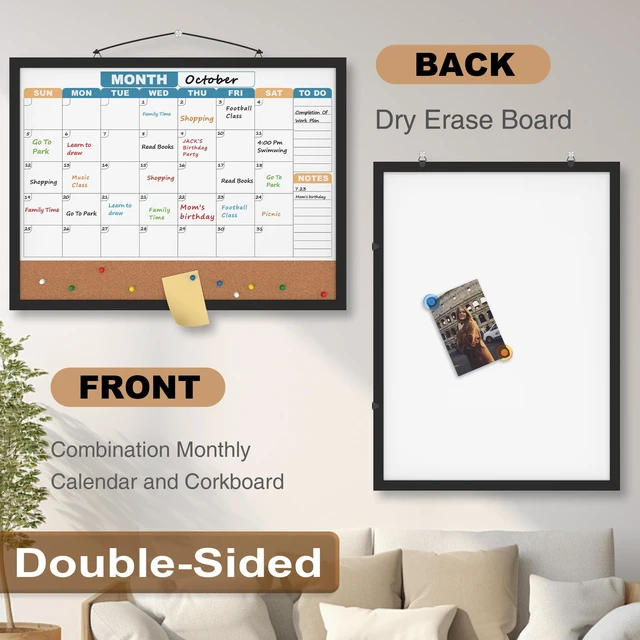 Alt view image 2 of 7 - Monthly Calendar Dry Erase Board 24x18 Inch, Double-Sided Whiteboard and Corkboard Combo with Black MDF Frame (Color Calendar), Wall Mounted Planner with Marker, Magnet, Push Pin, Eraser