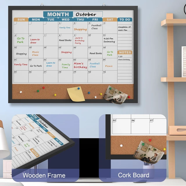 Alt view image 4 of 7 - Monthly Calendar Dry Erase Board 24x18 Inch, Double-Sided Whiteboard and Corkboard Combo with Black MDF Frame (Color Calendar), Wall Mounted Planner with Marker, Magnet, Push Pin, Eraser
