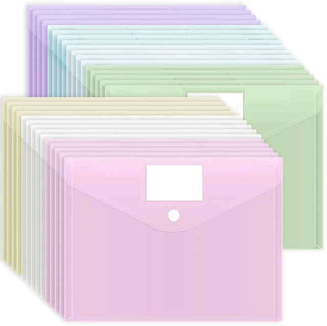 Main image of 30pcs Plastic Envelopes, Plastic File Folders for Documents, Hook & Loop Closure Poly Folders with Label Pocket A4 Size for School and Office Supplies