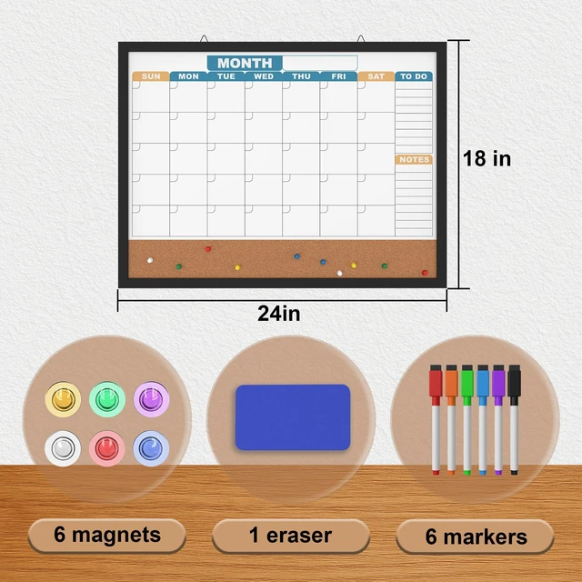 Alt view image 5 of 7 - Monthly Calendar Dry Erase Board 24x18 Inch, Double-Sided Whiteboard and Corkboard Combo with Black MDF Frame (Color Calendar), Wall Mounted Planner with Marker, Magnet, Push Pin, Eraser