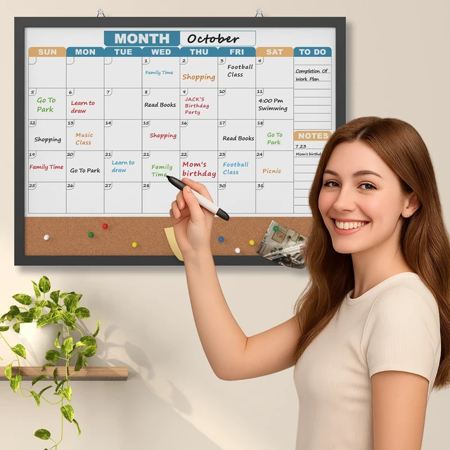 Alt view image 6 of 7 - Monthly Calendar Dry Erase Board 24x18 Inch, Double-Sided Whiteboard and Corkboard Combo with Black MDF Frame (Color Calendar), Wall Mounted Planner with Marker, Magnet, Push Pin, Eraser