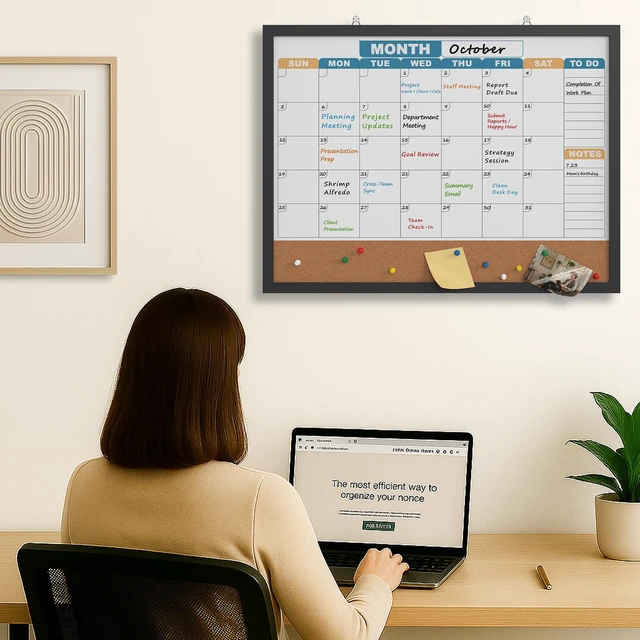Alt view image 7 of 7 - Monthly Calendar Dry Erase Board 24x18 Inch, Double-Sided Whiteboard and Corkboard Combo with Black MDF Frame (Color Calendar), Wall Mounted Planner with Marker, Magnet, Push Pin, Eraser