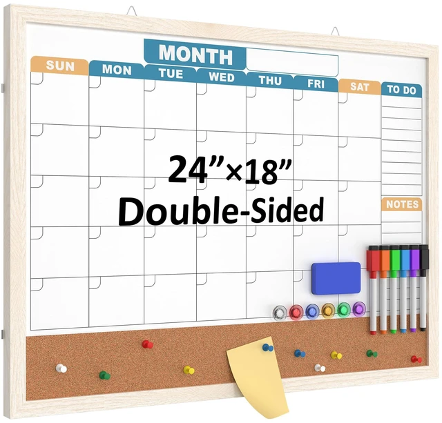 Main image of Monthly Calendar Dry Erase Board 24x18 Inch, Double-Sided Whiteboard and Corkboard Combo with White MDF Frame (Color Calendar), Wall Mounted Planner with Marker, Magnet, Push Pin, Eraser