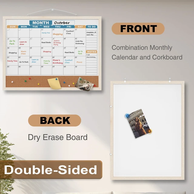 Alt view image 2 of 7 - Monthly Calendar Dry Erase Board 24x18 Inch, Double-Sided Whiteboard and Corkboard Combo with White MDF Frame (Color Calendar), Wall Mounted Planner with Marker, Magnet, Push Pin, Eraser
