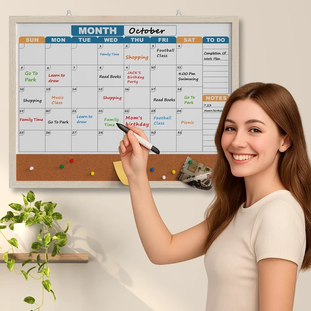 Alt view image 6 of 7 - Monthly Calendar Dry Erase Board 24x18 Inch, Double-Sided Whiteboard and Corkboard Combo with White MDF Frame (Color Calendar), Wall Mounted Planner with Marker, Magnet, Push Pin, Eraser