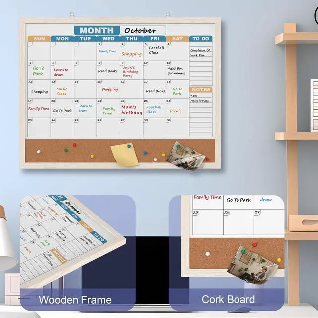 Alt view image 4 of 7 - Monthly Calendar Dry Erase Board 24x18 Inch, Double-Sided Whiteboard and Corkboard Combo with White MDF Frame (Color Calendar), Wall Mounted Planner with Marker, Magnet, Push Pin, Eraser