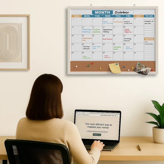 Alt view image 7 of 7 - Monthly Calendar Dry Erase Board 24x18 Inch, Double-Sided Whiteboard and Corkboard Combo with White MDF Frame (Color Calendar), Wall Mounted Planner with Marker, Magnet, Push Pin, Eraser