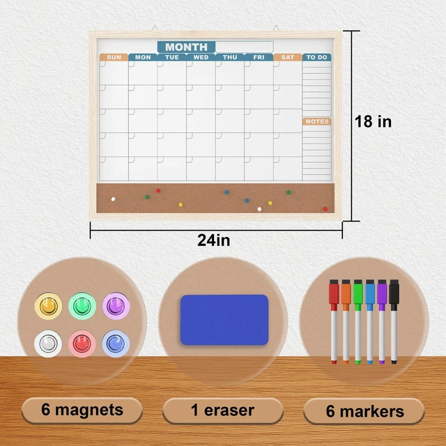 Alt view image 5 of 7 - Monthly Calendar Dry Erase Board 24x18 Inch, Double-Sided Whiteboard and Corkboard Combo with White MDF Frame (Color Calendar), Wall Mounted Planner with Marker, Magnet, Push Pin, Eraser