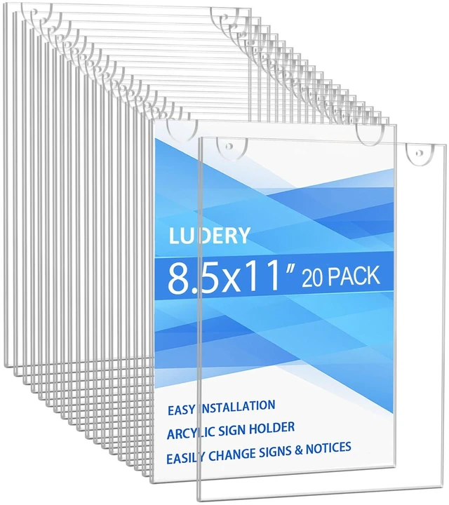 Main image of Acrylic Sign Holder 8.5x11 Vertical, Wall Mount Document Holder, Clear Plastic Picture Frame with Tape Adhesive and Screws for Office, Home, Store, Restaurant - 20 Pack