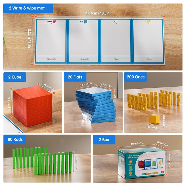 Alt view image 7 of 7 - 2 pack Base Ten Blocks Plastic Place Value Blocks with 80 rod Math Manipulatives Kindergarten Counting Cubes for Kids Math Early Counting Math Toy for 1st Grade