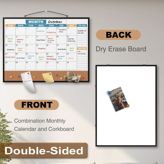 Alt view image 2 of 7 - Monthly Calendar Dry Erase Board 24x18 Inch, Double-Sided Whiteboard and Corkboard Combo with Black Aluminum Frame (Color Calendar), Wall Mounted Planner with Marker, Magnet, Push Pin, Eraser