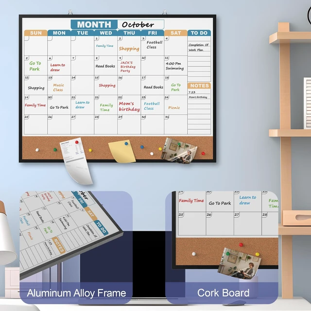 Alt view image 4 of 7 - Monthly Calendar Dry Erase Board 24x18 Inch, Double-Sided Whiteboard and Corkboard Combo with Black Aluminum Frame (Color Calendar), Wall Mounted Planner with Marker, Magnet, Push Pin, Eraser