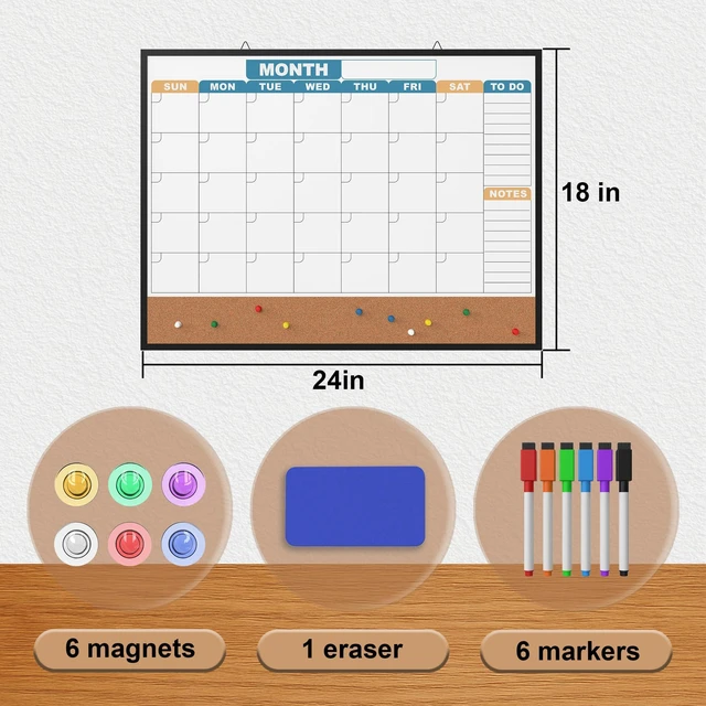 Alt view image 5 of 7 - Monthly Calendar Dry Erase Board 24x18 Inch, Double-Sided Whiteboard and Corkboard Combo with Black Aluminum Frame (Color Calendar), Wall Mounted Planner with Marker, Magnet, Push Pin, Eraser
