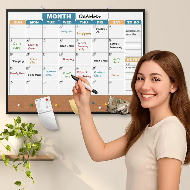 Alt view image 6 of 7 - Monthly Calendar Dry Erase Board 24x18 Inch, Double-Sided Whiteboard and Corkboard Combo with Black Aluminum Frame (Color Calendar), Wall Mounted Planner with Marker, Magnet, Push Pin, Eraser