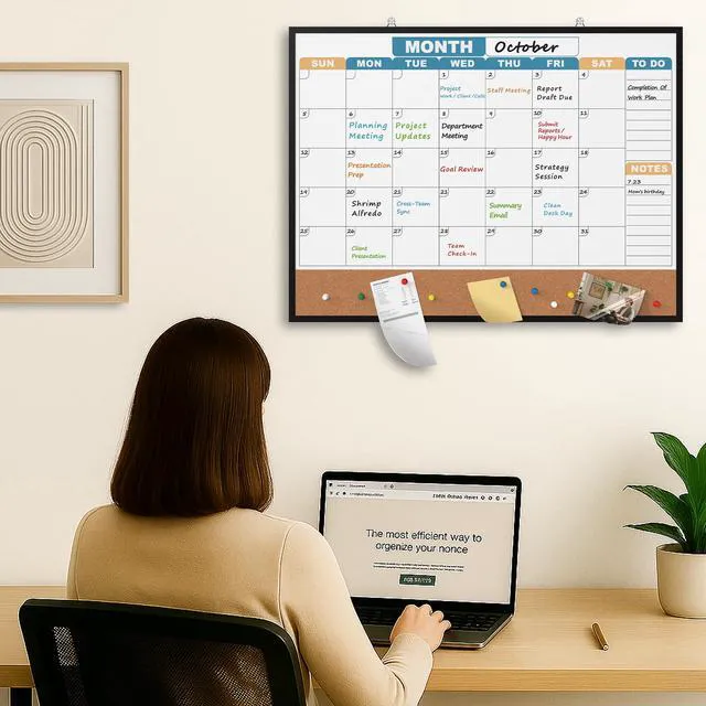 Alt view image 7 of 7 - Monthly Calendar Dry Erase Board 24x18 Inch, Double-Sided Whiteboard and Corkboard Combo with Black Aluminum Frame (Color Calendar), Wall Mounted Planner with Marker, Magnet, Push Pin, Eraser