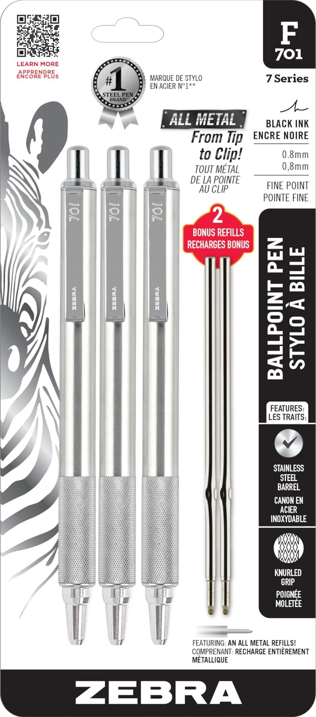 Main image of STEEL F-701 Retractable Ballpoint Pen, Black Ink, 0.8mm, 3-Pack Built for Tactical / EDC Use, Stainless Steel, Knurled Grip, Heavy-Duty Construction, Fine Point Tip, Plus Refills (29412)