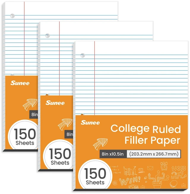 Main image of Loose Leaf Paper, 450 Sheets, 3 Pack College Ruled Paper, 8 x 10-1/2 Inch Filler Paper, 3 Hole Punch Binder Paper, Loose Leaf Notebook Paper, 150 Sheets/Pack