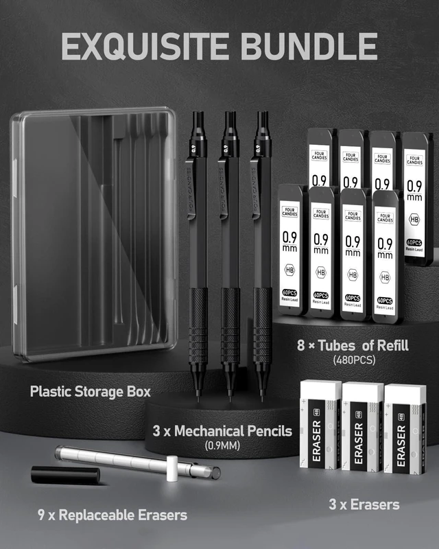 Alt view image 4 of 7 - Metal Mechanical Pencil Set with Case, 0.9mm, 3PCS, Black 480PCS HB Lead Refills, 3 Erasers+9 Eraser Refills, Anti Grip, for Drafting, Engineering, Technical Drawing, Art Projects