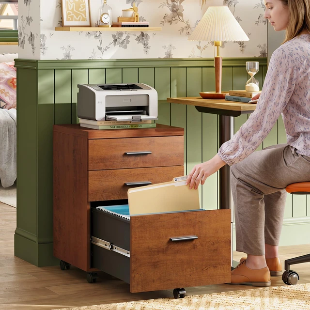 Alt view image 2 of 7 - 3 Drawer File Cabinet, Wood Under Desk Filing Cabinet, Walnut Rolling Printer Stand, Small Storage Cabinet with Wheels, Fits Legal/Letter/A4 Size, Home Office