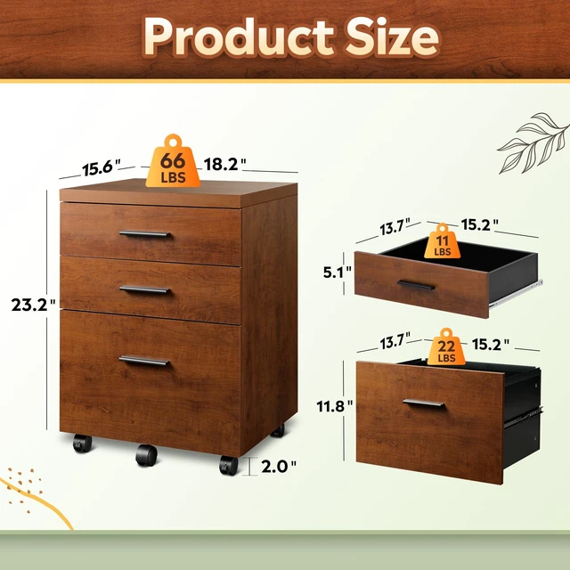Alt view image 3 of 7 - 3 Drawer File Cabinet, Wood Under Desk Filing Cabinet, Walnut Rolling Printer Stand, Small Storage Cabinet with Wheels, Fits Legal/Letter/A4 Size, Home Office