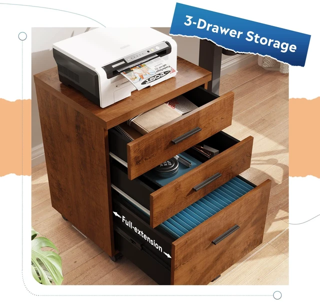 Alt view image 4 of 7 - 3 Drawer File Cabinet, Wood Under Desk Filing Cabinet, Walnut Rolling Printer Stand, Small Storage Cabinet with Wheels, Fits Legal/Letter/A4 Size, Home Office
