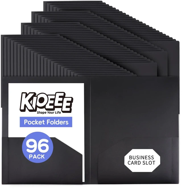 Main image of Plastic Folders with Pockets (96 Pack).Bulk Heavy Duty Plastic Folders with 2 Pocket and Business Card Slot. Fit Letter Size Paper, Black for School